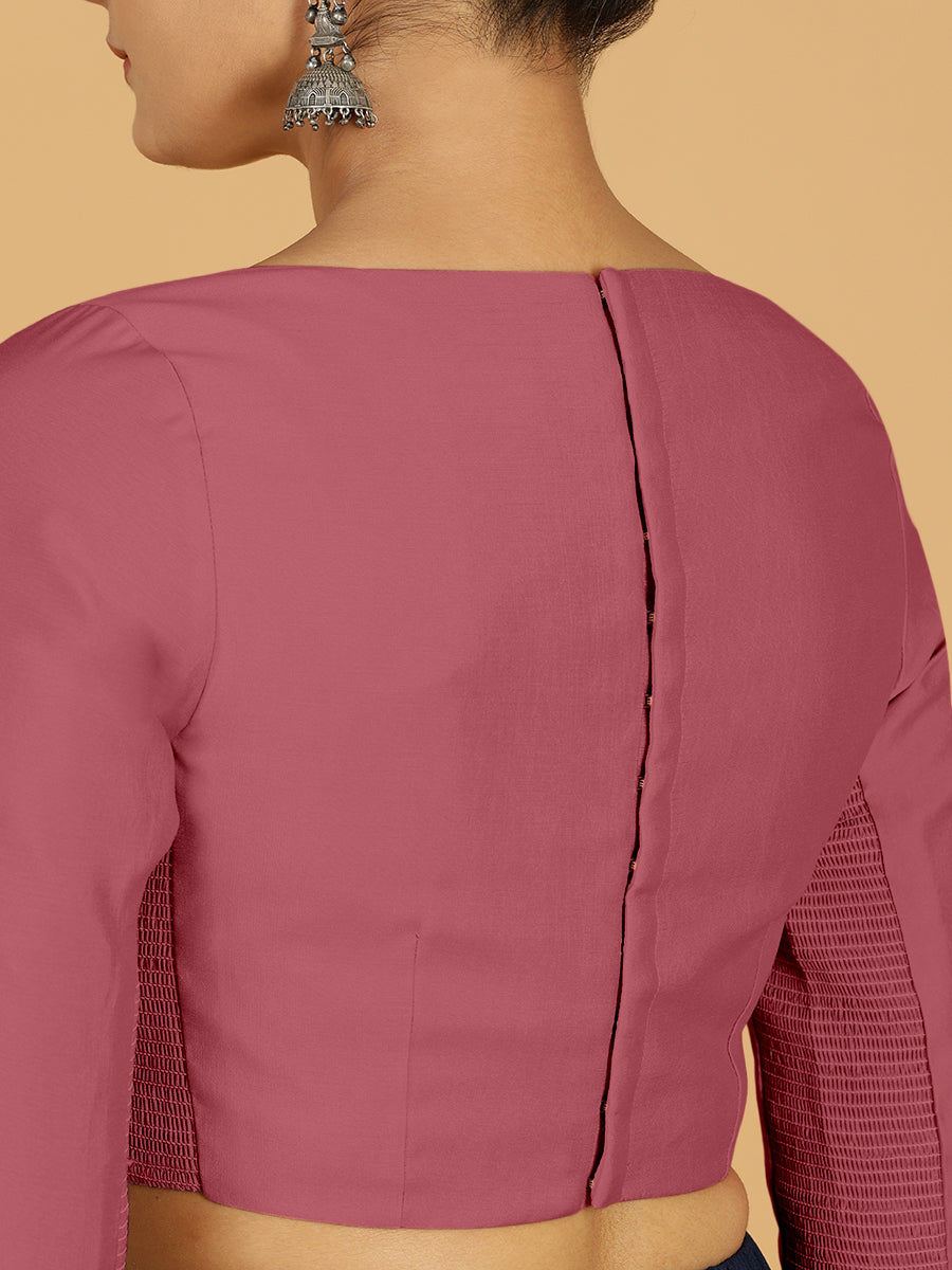 Tamanna x Rozaana Saree Blouse, in Pink Viscose, featuring three quarter sleeves and boat neckline, made for daily & work.