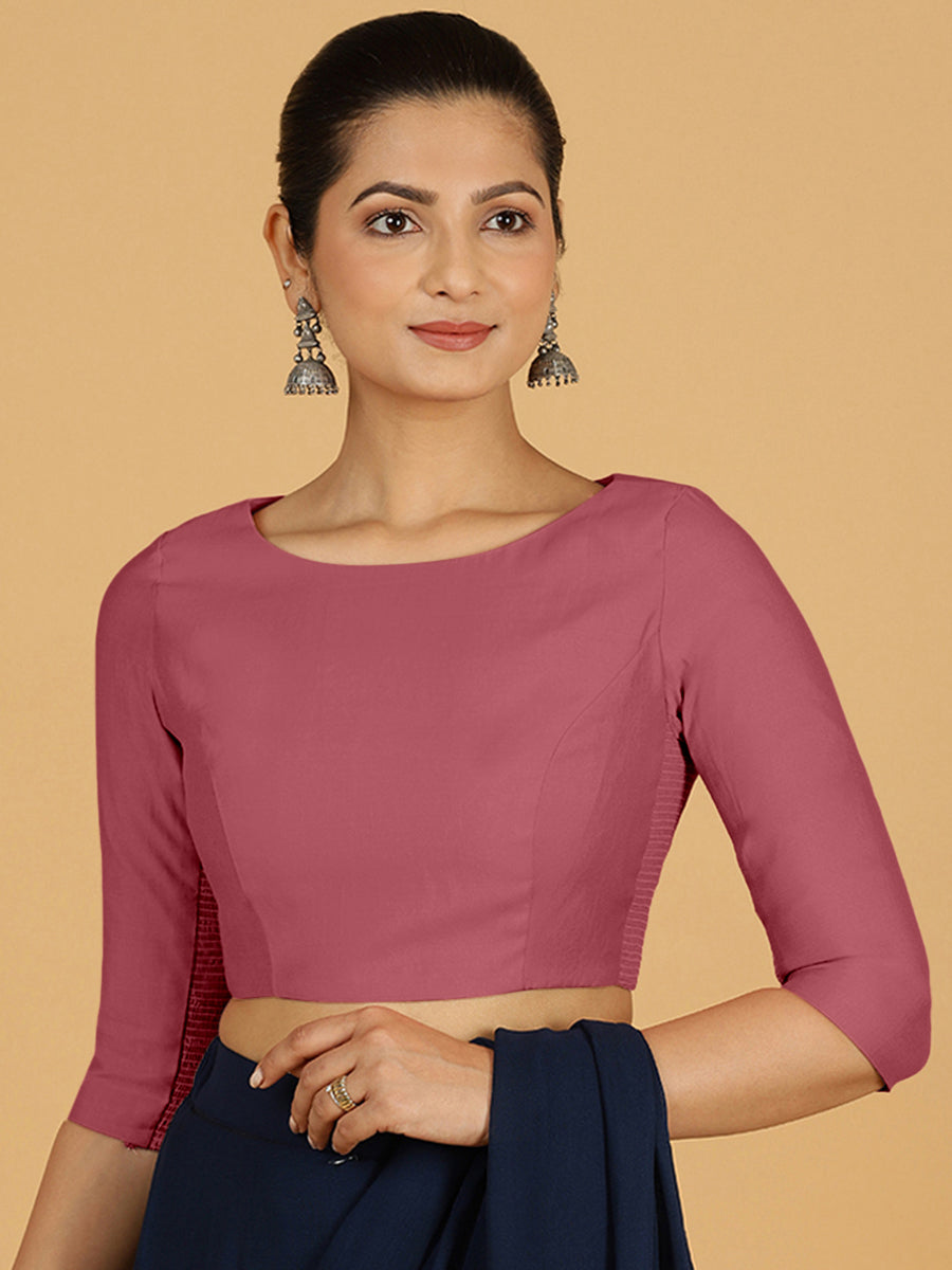 Tamanna x Rozaana Saree Blouse, in Pink Viscose, featuring three quarter sleeves and boat neckline, made for daily & work.