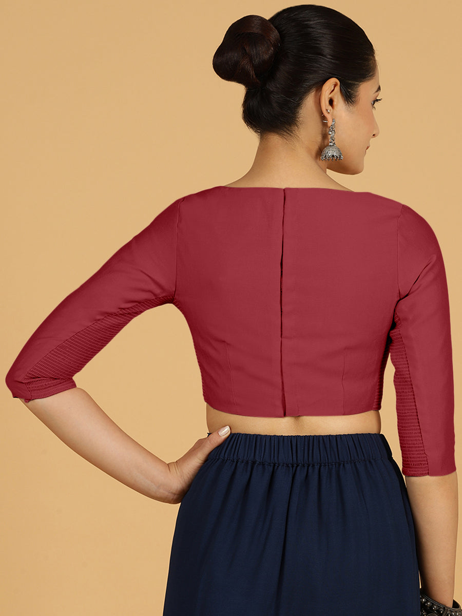 Tamanna x Rozaana Saree Blouse, in Red Viscose, featuring three quarter sleeves and boat neckline, made for daily & work.