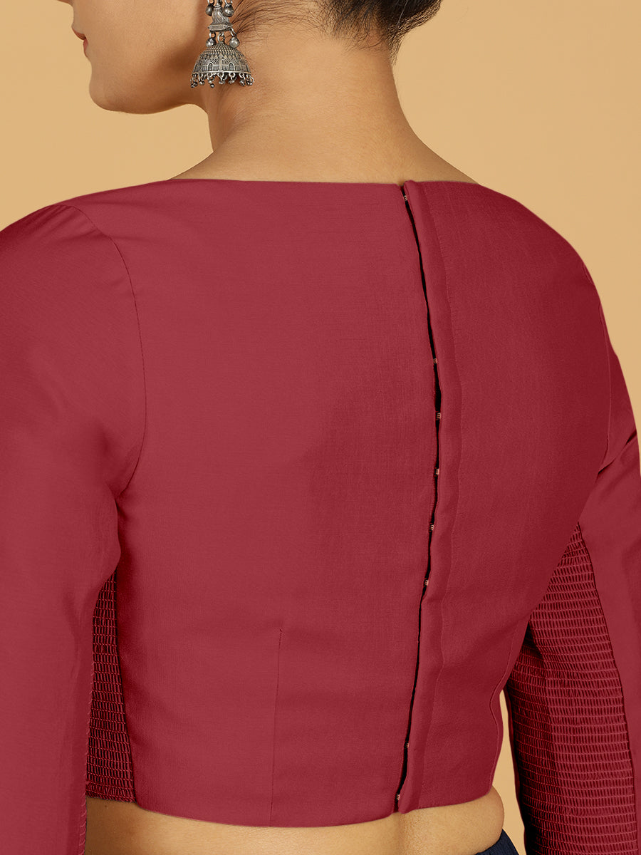 Tamanna x Rozaana Saree Blouse, in Red Viscose, featuring three quarter sleeves and boat neckline, made for daily & work.