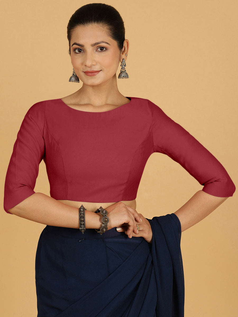 Tamanna x Rozaana Saree Blouse, in Red Viscose, featuring three quarter sleeves and boat neckline, made for daily & work.