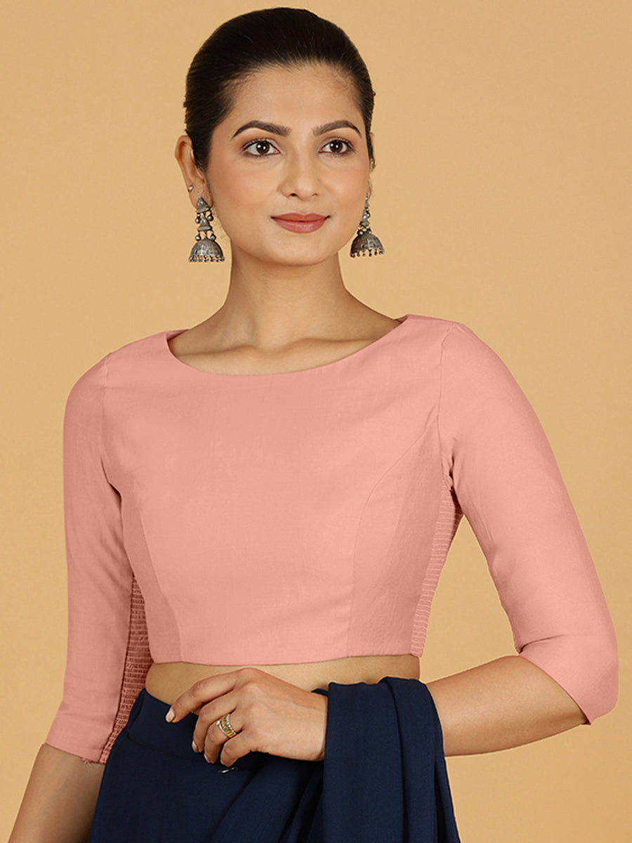 Tamanna x Rozaana Saree Blouse, in Pink Viscose, featuring three quarter sleeves and boat neckline, made for daily & work.