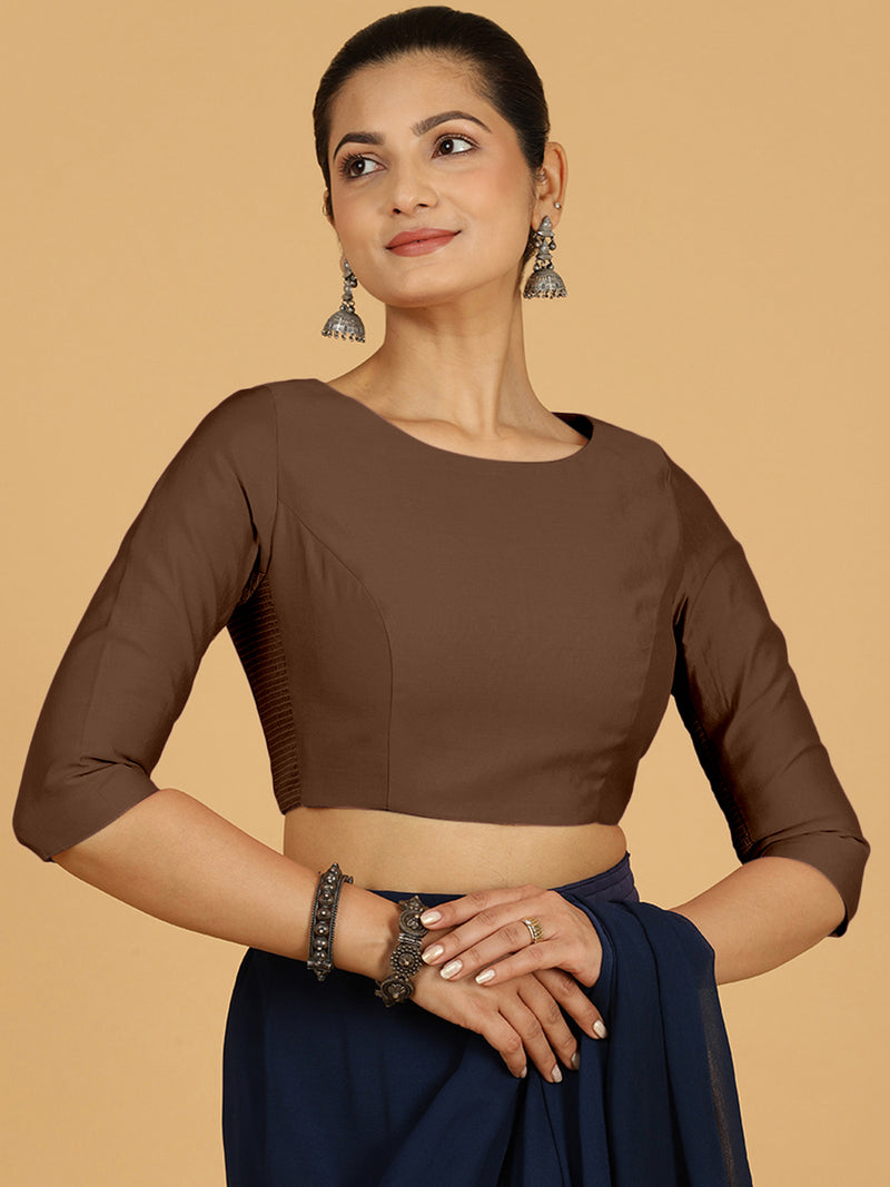 Tamanna x Rozaana | Three Quarter Sleeves Saree Blouse in Walnut Brown-Binks
