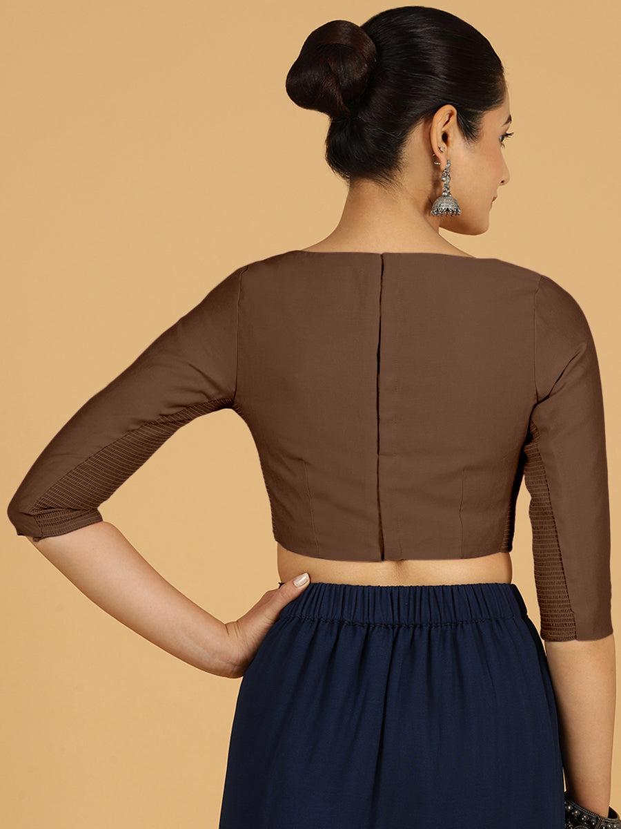 Tamanna x Rozaana Saree Blouse, in Brown Viscose, featuring three quarter sleeves and boat neckline, made for daily & work.