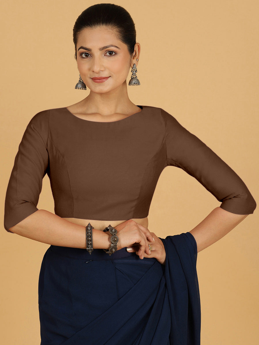 Tamanna x Rozaana Saree Blouse, in Brown Viscose, featuring three quarter sleeves and boat neckline, made for daily & work.