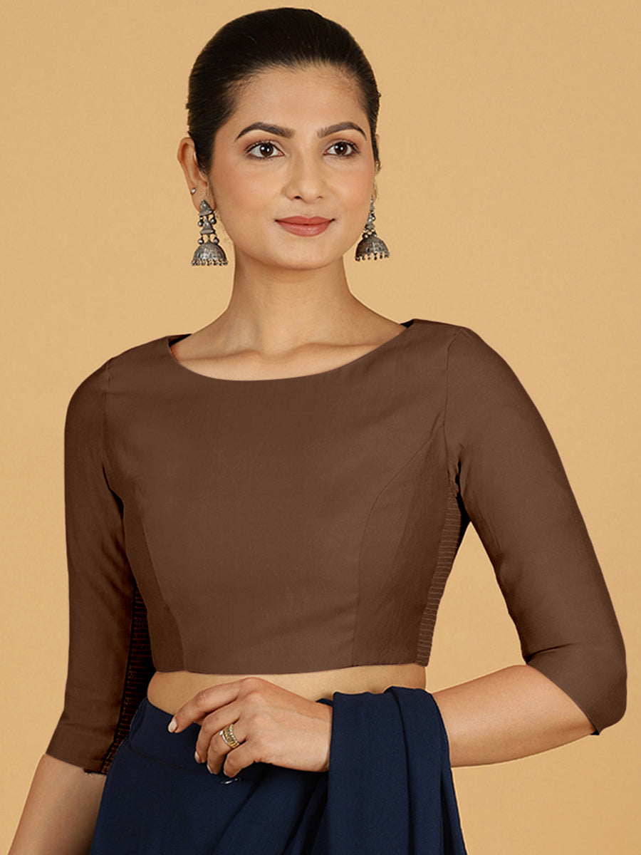 Tamanna x Rozaana Saree Blouse, in Brown Viscose, featuring three quarter sleeves and boat neckline, made for daily & work.