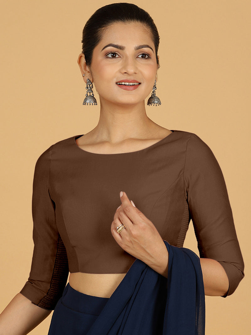 Tamanna x Rozaana | Three Quarter Sleeves Saree Blouse in Walnut Brown-Binks