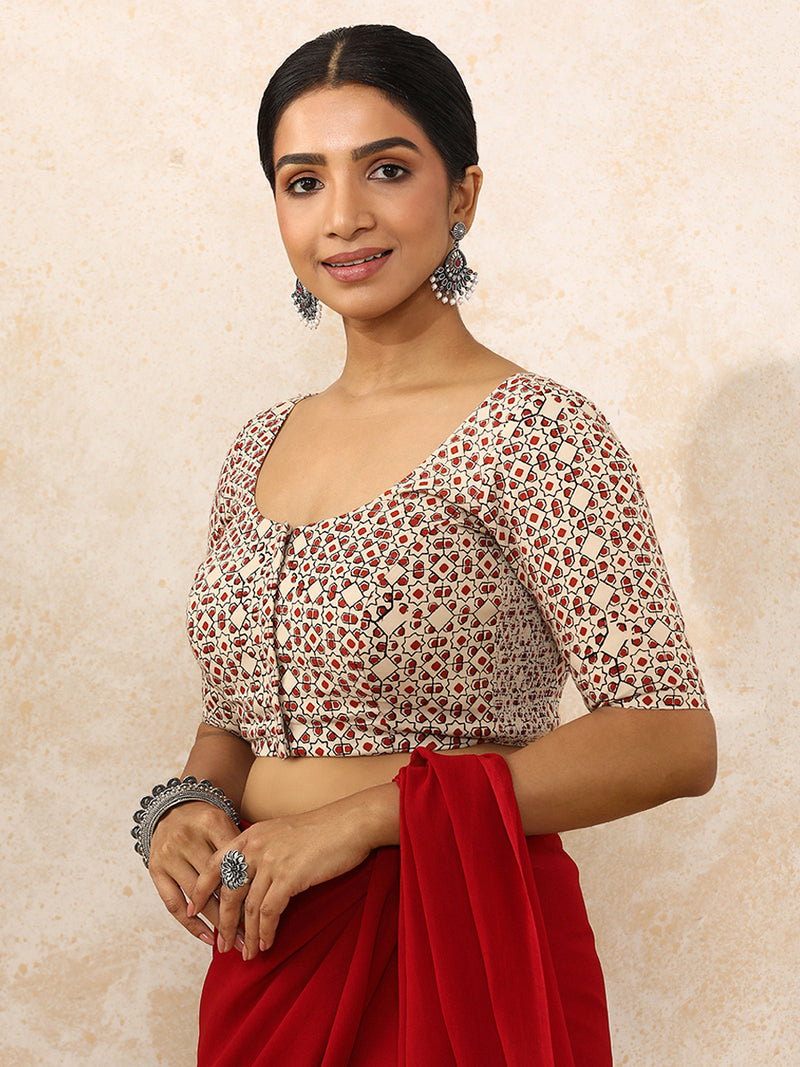 Tanirika x Rozaana | Elbow Sleeves Saree Blouse in Cream & Red Geometric Block Print Cotton-Binks