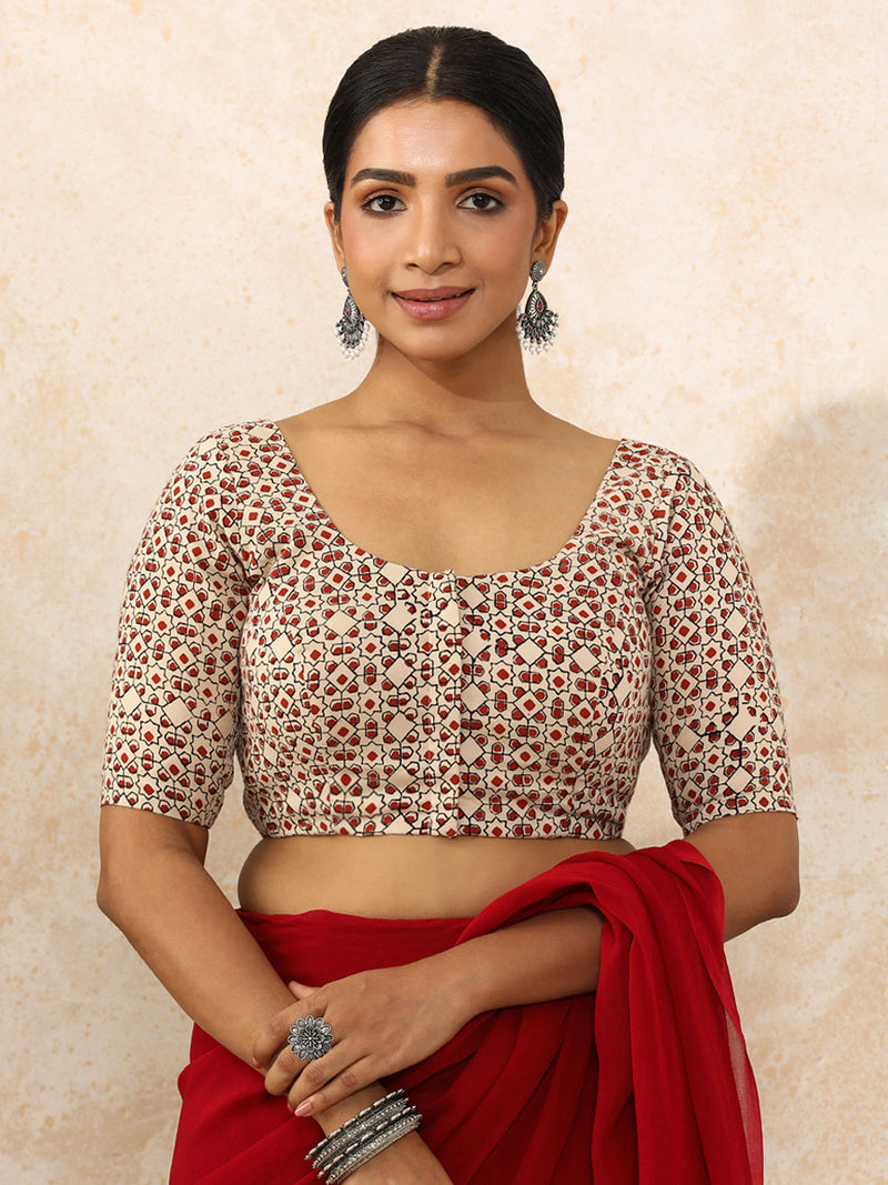 Tanirika x Rozaana | Elbow Sleeves Saree Blouse in Cream & Red Geometric Block Print Cotton-Binks