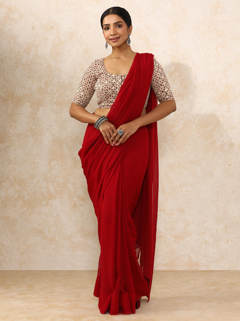 Tanirika x Rozaana | Elbow Sleeves Saree Blouse in Cream & Red Geometric Block Print Cotton-Binks