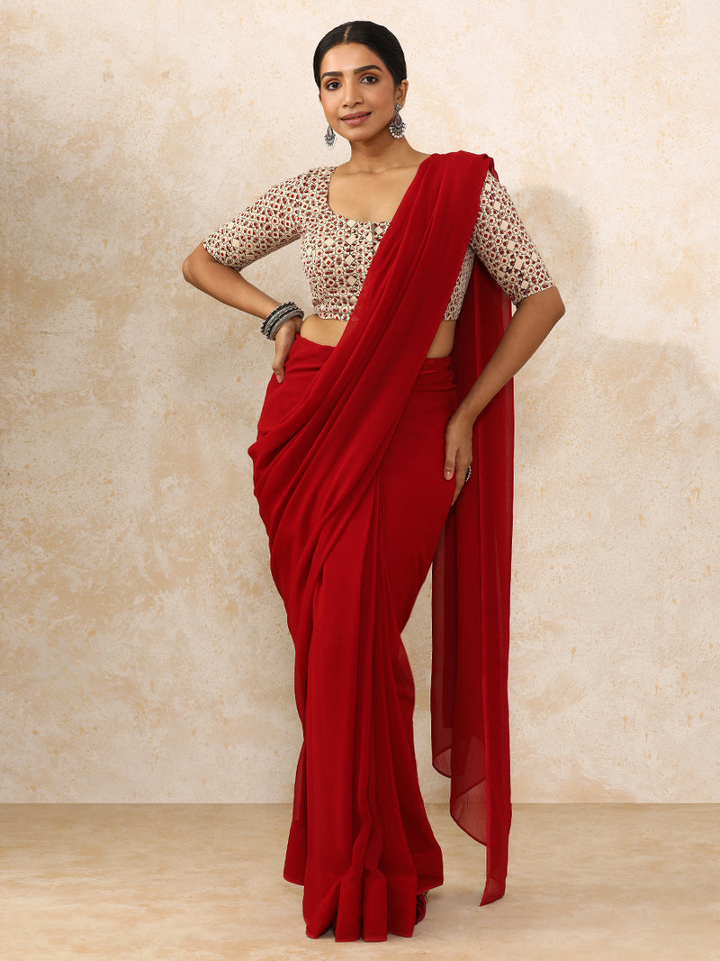 Tanirika x Rozaana | Elbow Sleeves Saree Blouse in Cream & Red Geometric Block Print Cotton-Binks