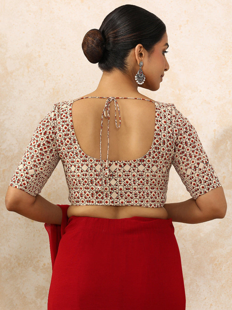 Tanirika x Rozaana | Elbow Sleeves Saree Blouse in Cream & Red Geometric Block Print Cotton-Binks