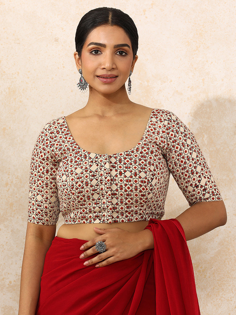 Tanirika x Rozaana | Elbow Sleeves Saree Blouse in Cream & Red Geometric Block Print Cotton-Binks