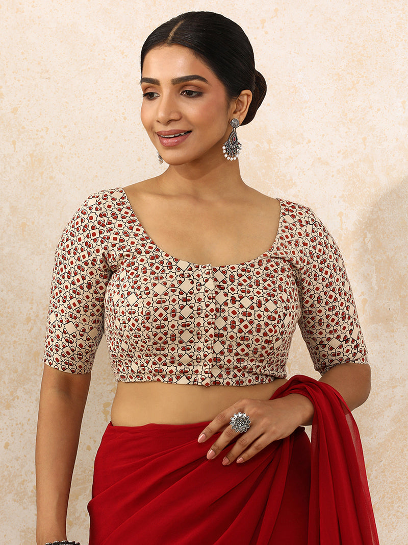 Tanirika x Rozaana | Elbow Sleeves Saree Blouse in Cream & Red Geometric Block Print Cotton-Binks