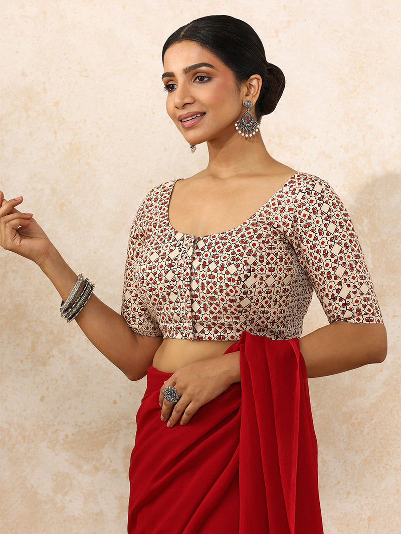 Tanirika x Rozaana | Elbow Sleeves Saree Blouse in Cream & Red Geometric Block Print Cotton-Binks
