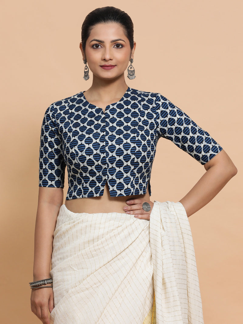 Tanisha x Rozaana | Elbow Sleeves Cotton Saree Blouse in Indigo Blue Leaf Block Print Fabric-Binks