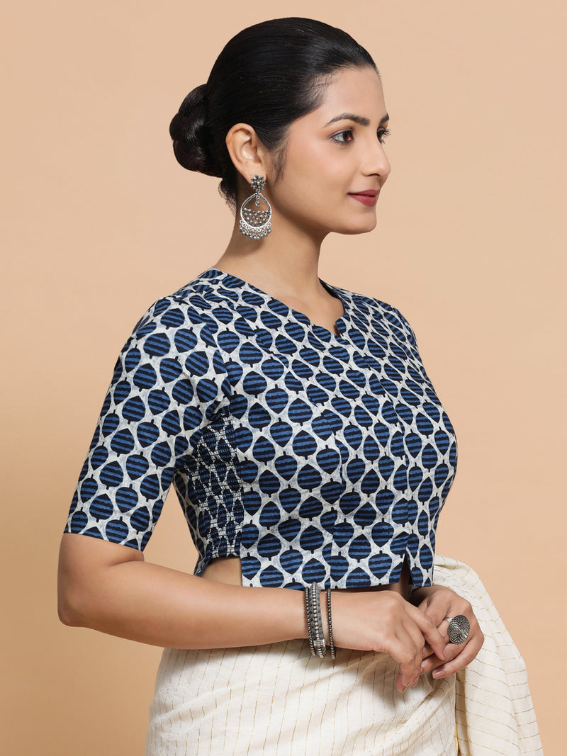 Tanisha x Rozaana | Elbow Sleeves Cotton Saree Blouse in Indigo Blue Leaf Block Print Fabric-Binks