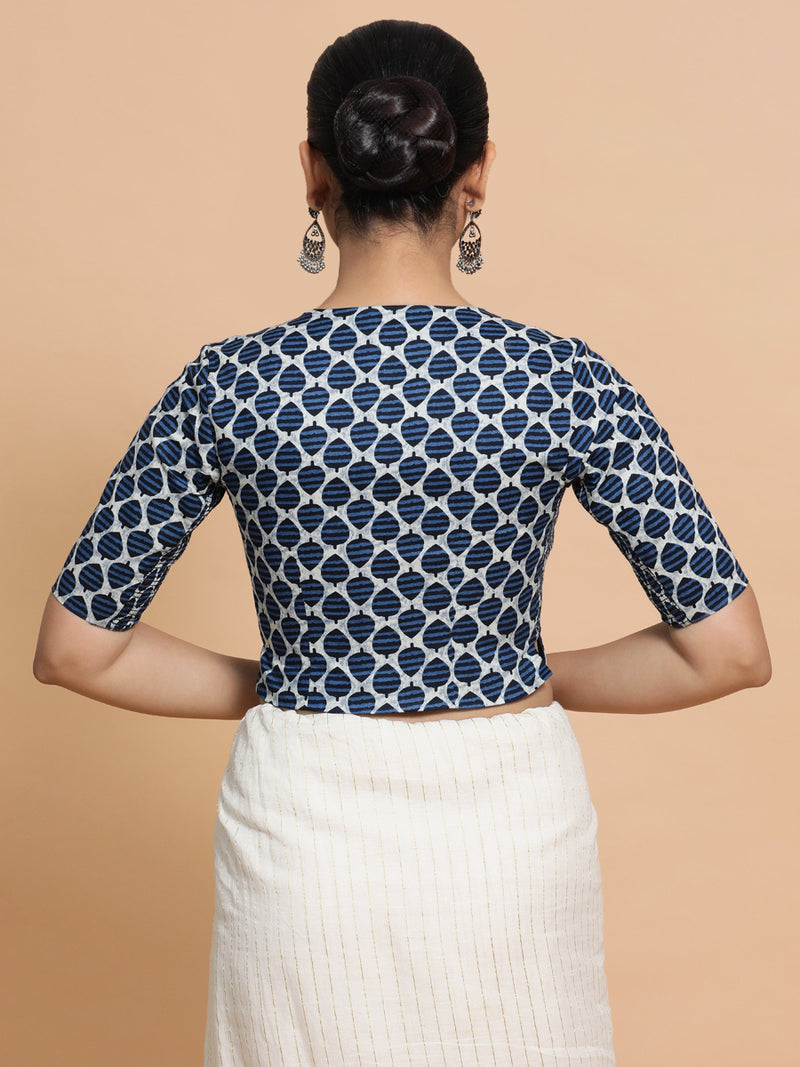Tanisha x Rozaana | Elbow Sleeves Cotton Saree Blouse in Indigo Blue Leaf Block Print Fabric-Binks