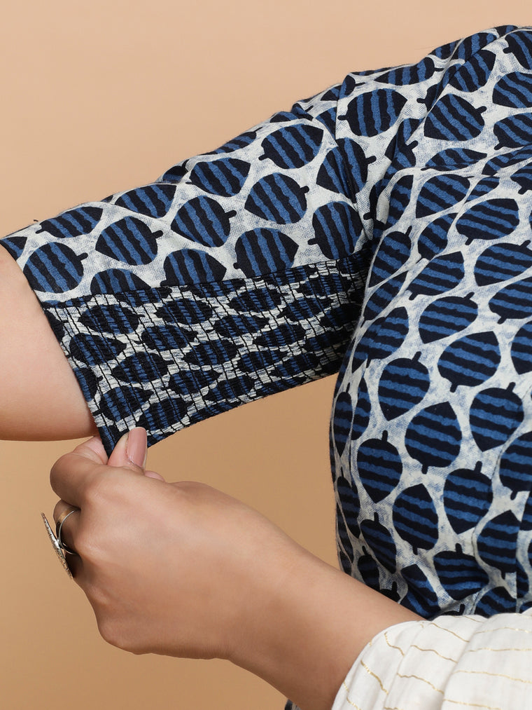 Tanisha x Rozaana Saree Blouse, in Blue Cotton, featuring elbow sleeves and round neckline, made for daily & work (view 3).