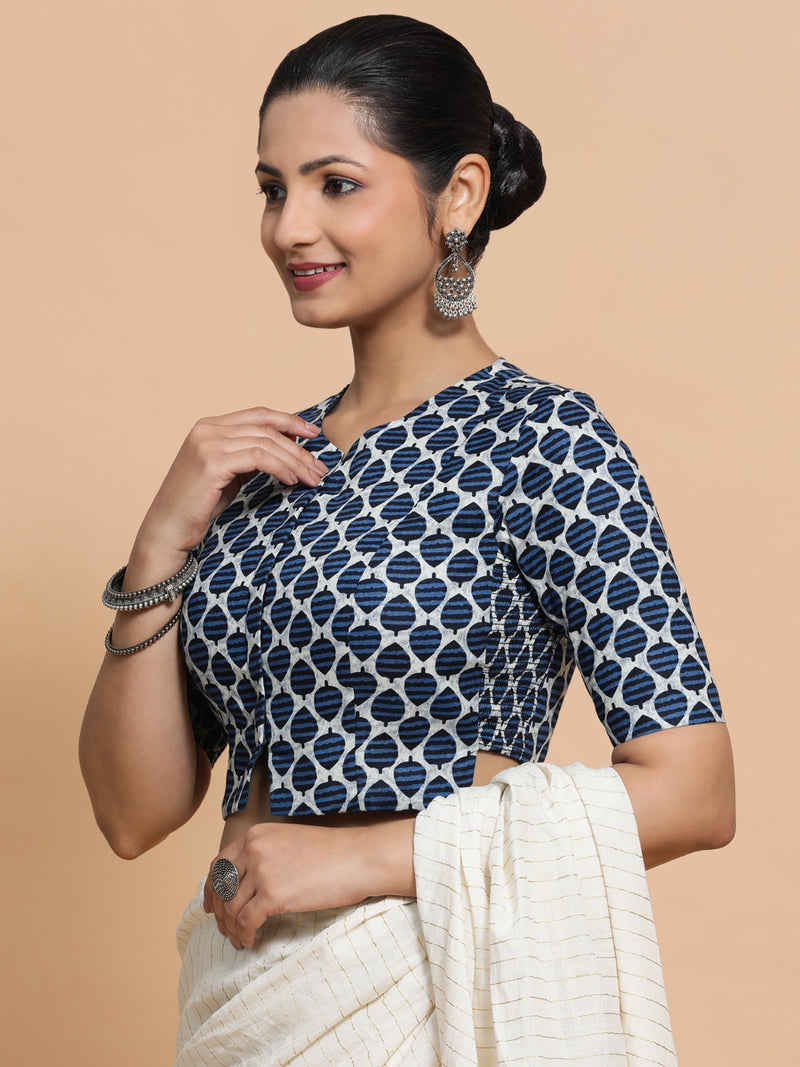 Tanisha x Rozaana | Elbow Sleeves Cotton Saree Blouse in Indigo Blue Leaf Block Print Fabric-Binks