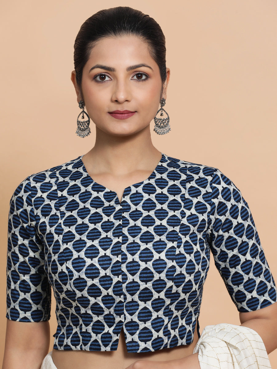 Tanisha x Rozaana Saree Blouse, in Blue Cotton, featuring elbow sleeves and round neckline, made for daily & work (view 6).