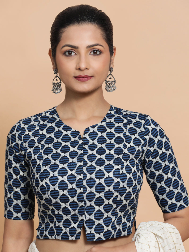 Tanisha x Rozaana | Elbow Sleeves Cotton Saree Blouse in Indigo Blue Leaf Block Print Fabric-Binks