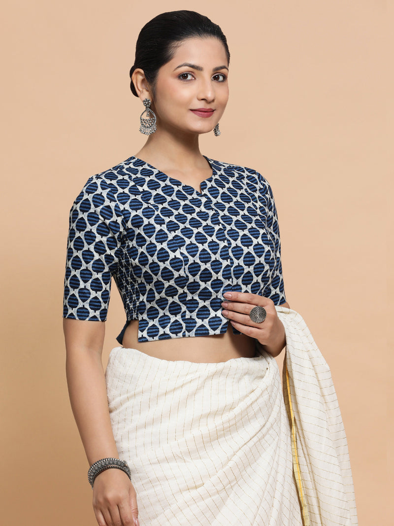 Tanisha x Rozaana | Elbow Sleeves Cotton Saree Blouse in Indigo Blue Leaf Block Print Fabric-Binks
