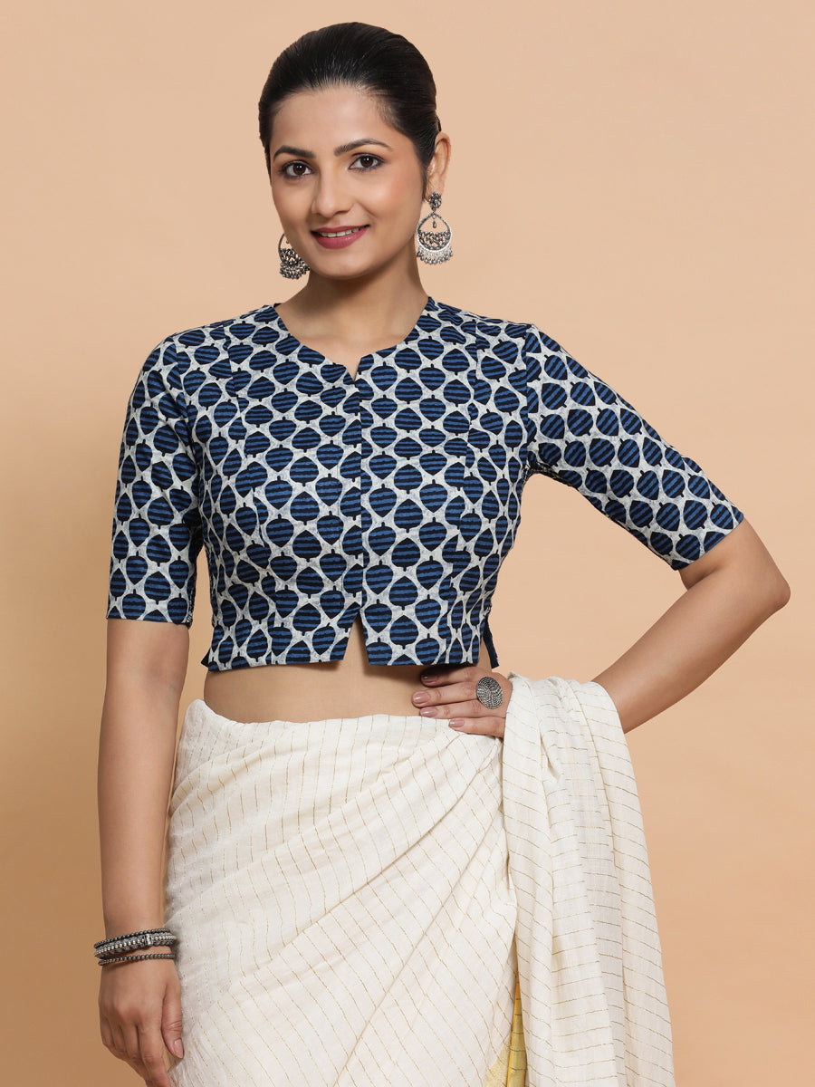 Tanisha x Rozaana Saree Blouse, in Blue Cotton, featuring elbow sleeves and round neckline, made for daily & work (view 8).