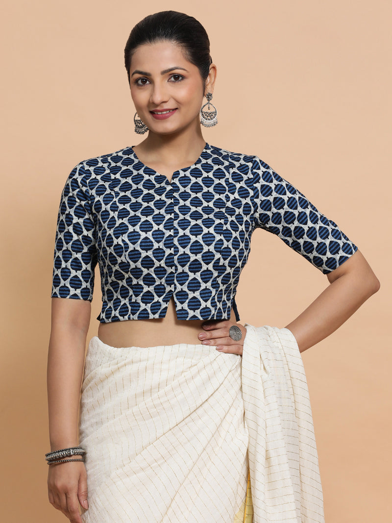 Tanisha x Rozaana | Elbow Sleeves Cotton Saree Blouse in Indigo Blue Leaf Block Print Fabric-Binks