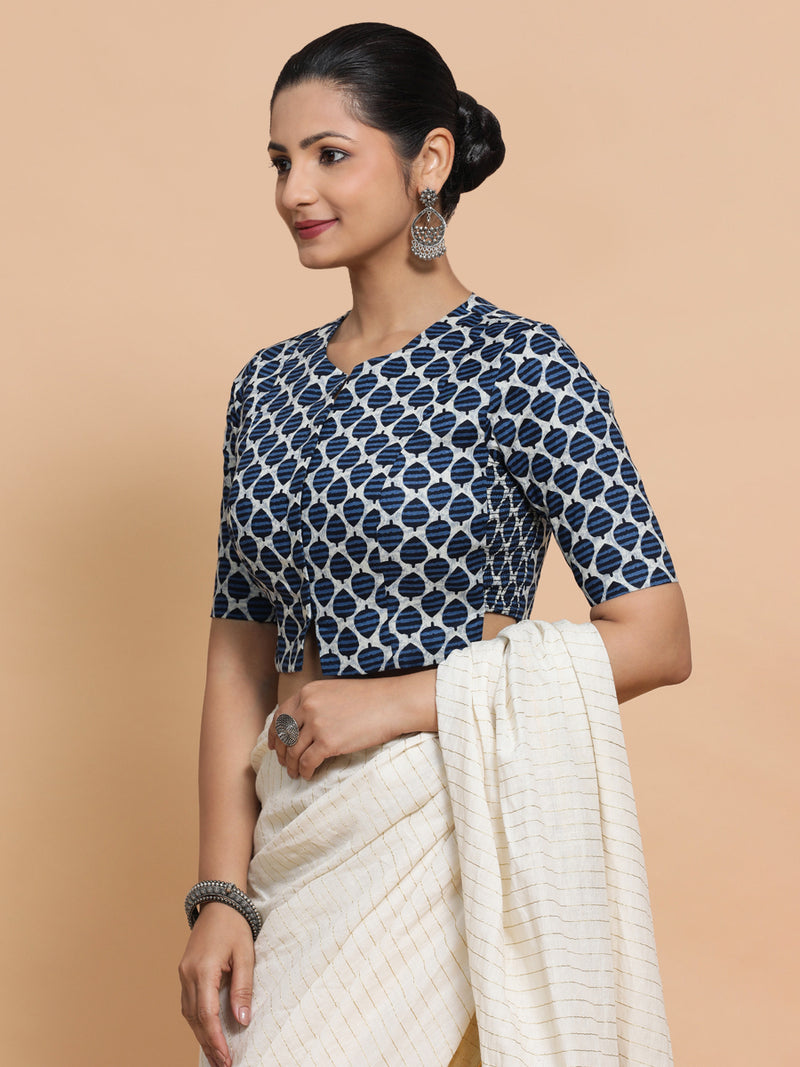 Tanisha x Rozaana | Elbow Sleeves Cotton Saree Blouse in Indigo Blue Leaf Block Print Fabric-Binks