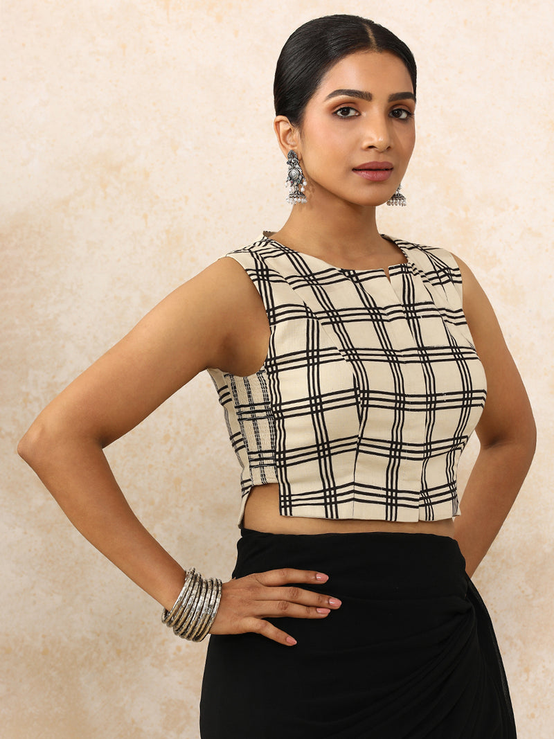 Tanishka x Rozaana | Sleeveless Saree Blouse in Cream Windowpane Check Block Print Cotton-Binks