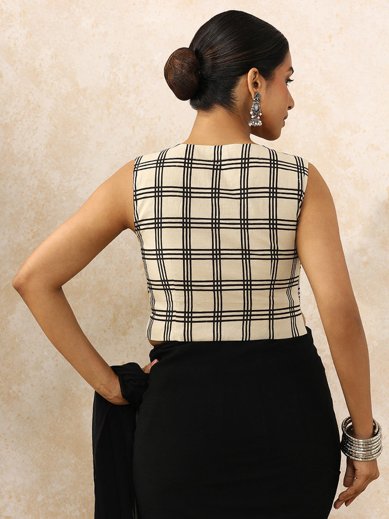 Tanishka x Rozaana | Sleeveless Saree Blouse in Cream Windowpane Check Block Print Cotton-Binks