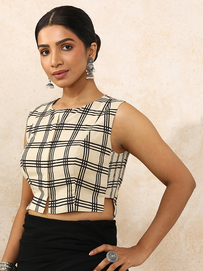 Tanishka x Rozaana | Sleeveless Saree Blouse in Cream Windowpane Check Block Print Cotton-Binks