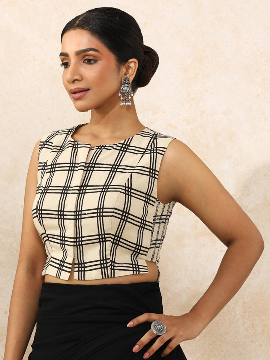 Tanishka x Rozaana Saree Blouse, in Cream 100% Cotton - Block Printed, featuring sleeveless and round neckline (view 5).