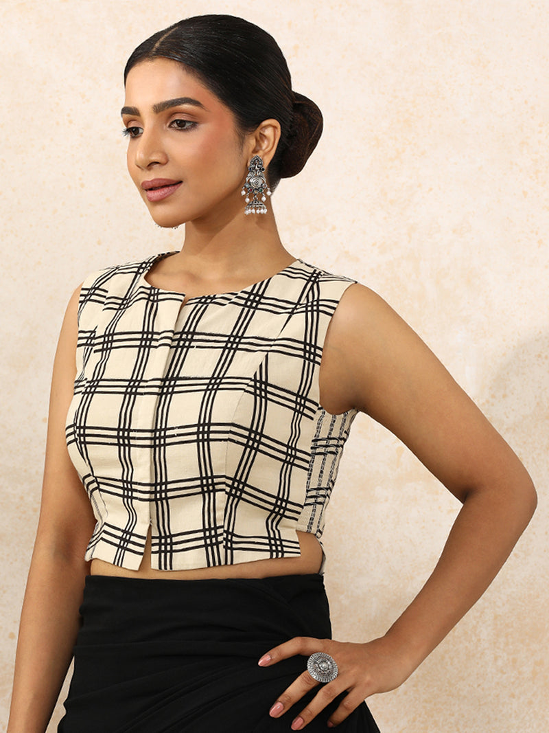 Tanishka x Rozaana | Sleeveless Saree Blouse in Cream Windowpane Check Block Print Cotton-Binks