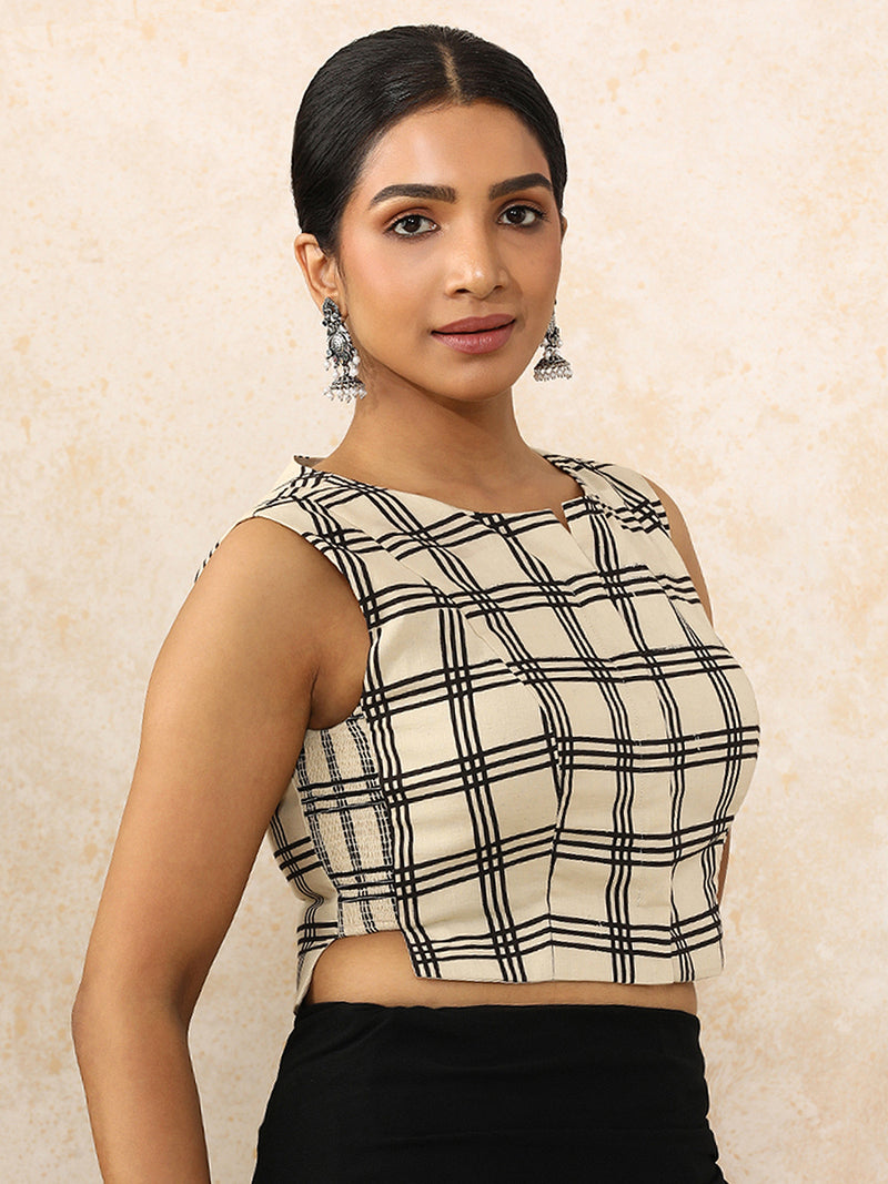 Tanishka x Rozaana | Sleeveless Saree Blouse in Cream Windowpane Check Block Print Cotton-Binks