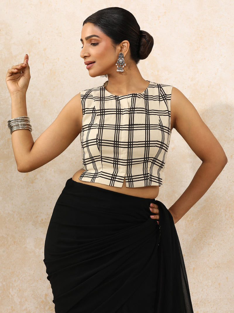 Tanishka x Rozaana | Sleeveless Saree Blouse in Cream Windowpane Check Block Print Cotton-Binks