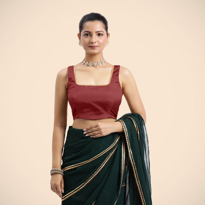 Tanvi x Tyohaar | Auburn Red Sleeveless FlexiFit™ Saree Blouse with Square Front Neck and Deep Back with Dori and Golden Gota Embellishment-Binks