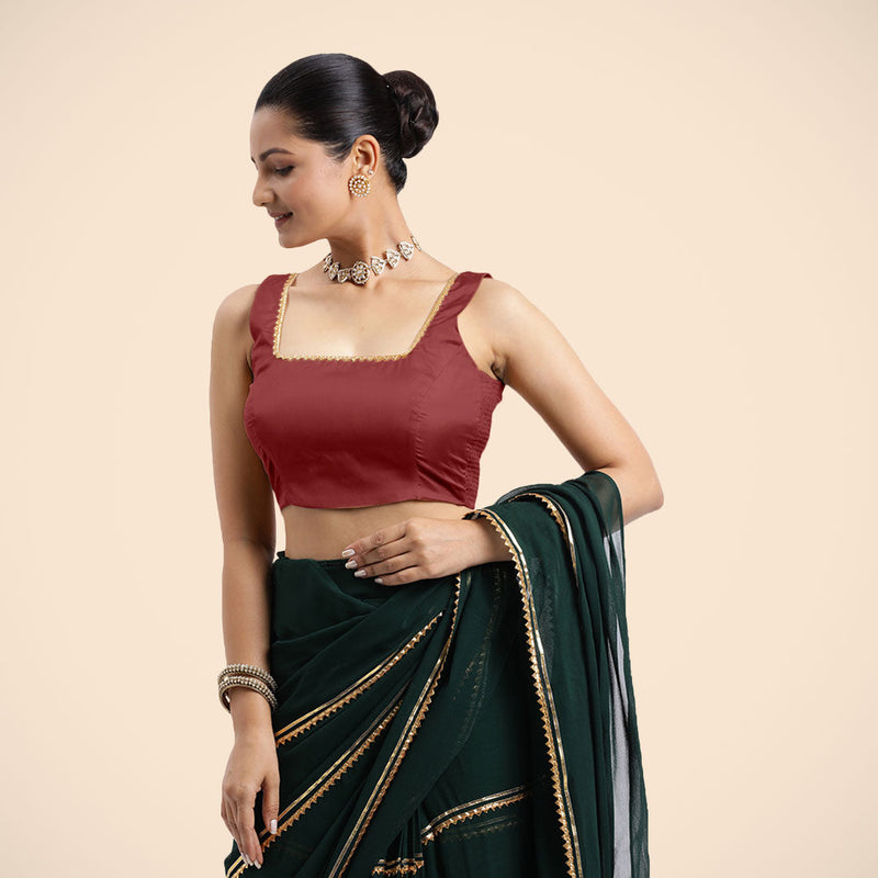 Tanvi x Tyohaar | Auburn Red Sleeveless FlexiFit™ Saree Blouse with Square Front Neck and Deep Back with Dori and Golden Gota Embellishment-Binks