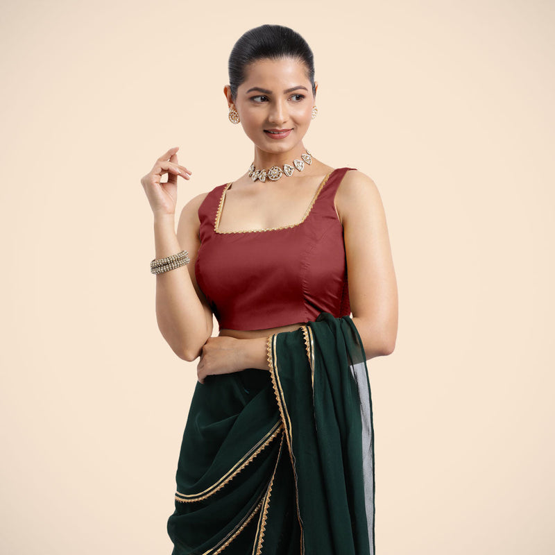 Tanvi x Tyohaar | Auburn Red Sleeveless FlexiFit™ Saree Blouse with Square Front Neck and Deep Back with Dori and Golden Gota Embellishment-Binks