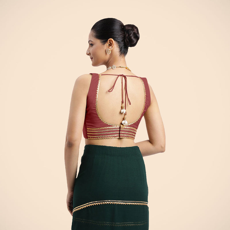 Tanvi x Tyohaar | Auburn Red Sleeveless FlexiFit™ Saree Blouse with Square Front Neck and Deep Back with Dori and Golden Gota Embellishment-Binks