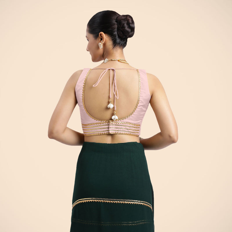 Tanvi x Tyohaar | Sleeveless Baby Pink FlexiFit™ Gota Embellished Saree Blouse with Square Neck-Binks