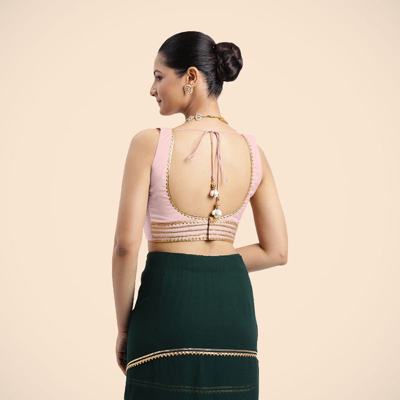 Tanvi x Tyohaar | Sleeveless Baby Pink FlexiFit™ Gota Embellished Saree Blouse with Square Neck-Binks