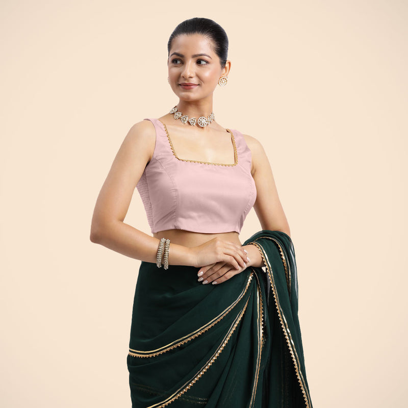 Tanvi x Tyohaar | Sleeveless Baby Pink FlexiFit™ Gota Embellished Saree Blouse with Square Neck-Binks