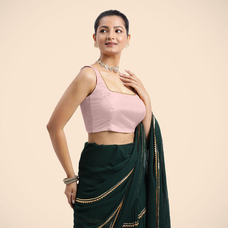 Tanvi x Tyohaar | Sleeveless Baby Pink FlexiFit™ Gota Embellished Saree Blouse with Square Neck-Binks