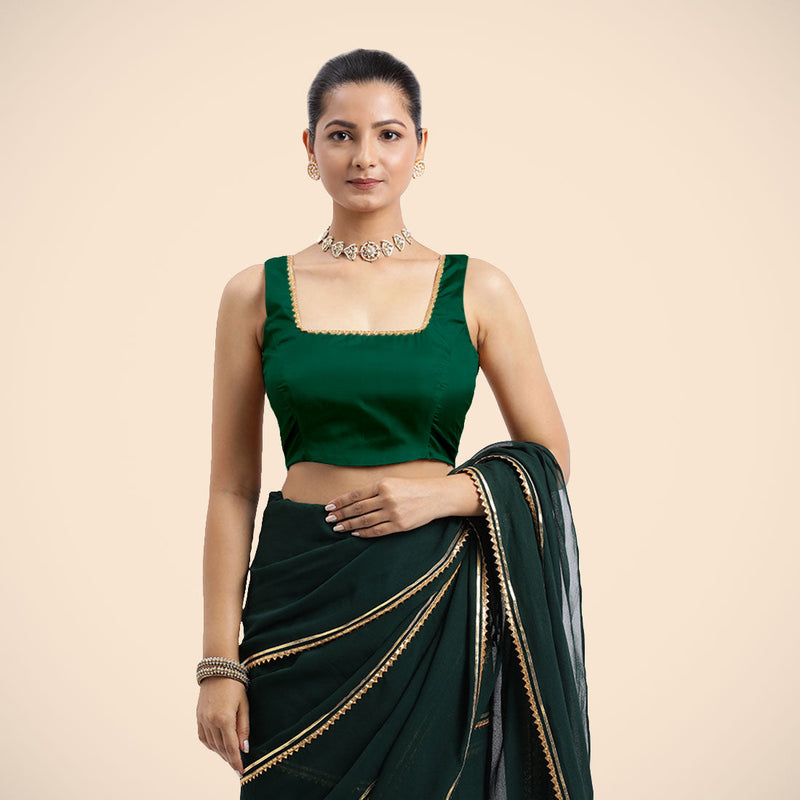 Tanvi x Tyohaar | Bottle Green Sleeveless FlexiFit™ Saree Blouse with Square Front Neck and Deep Back with Dori and Golden Gota Embellishment-Binks