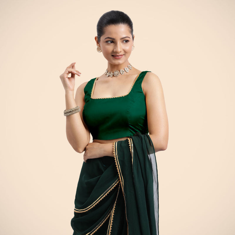 Tanvi x Tyohaar | Bottle Green Sleeveless FlexiFit™ Saree Blouse with Square Front Neck and Deep Back with Dori and Golden Gota Embellishment-Binks