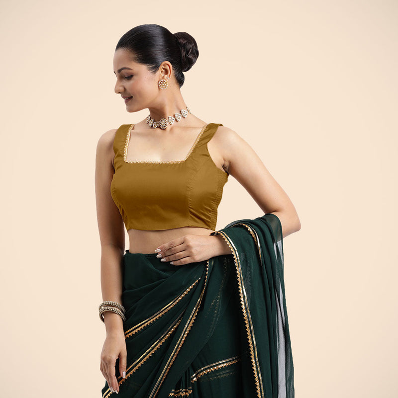 Tanvi x Tyohaar | Bronze Gold Sleeveless FlexiFit™ Saree Blouse with Square Front Neck and Deep Back with Dori and Golden Gota Embellishment-Binks