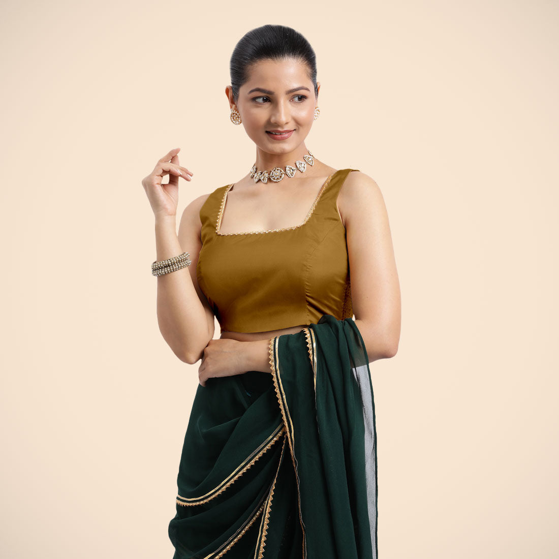 Tanvi x Tyohaar Saree Blouse, in Gold Vegan Silk, featuring sleeveless and square neckline, made for party & festive (view 3).