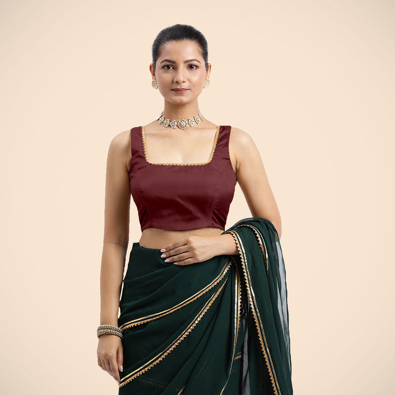 Tanvi x Tyohaar | Burgundy Sleeveless FlexiFit™ Saree Blouse with Square Front Neck and Deep Back with Dori and Golden Gota Embellishment-Binks